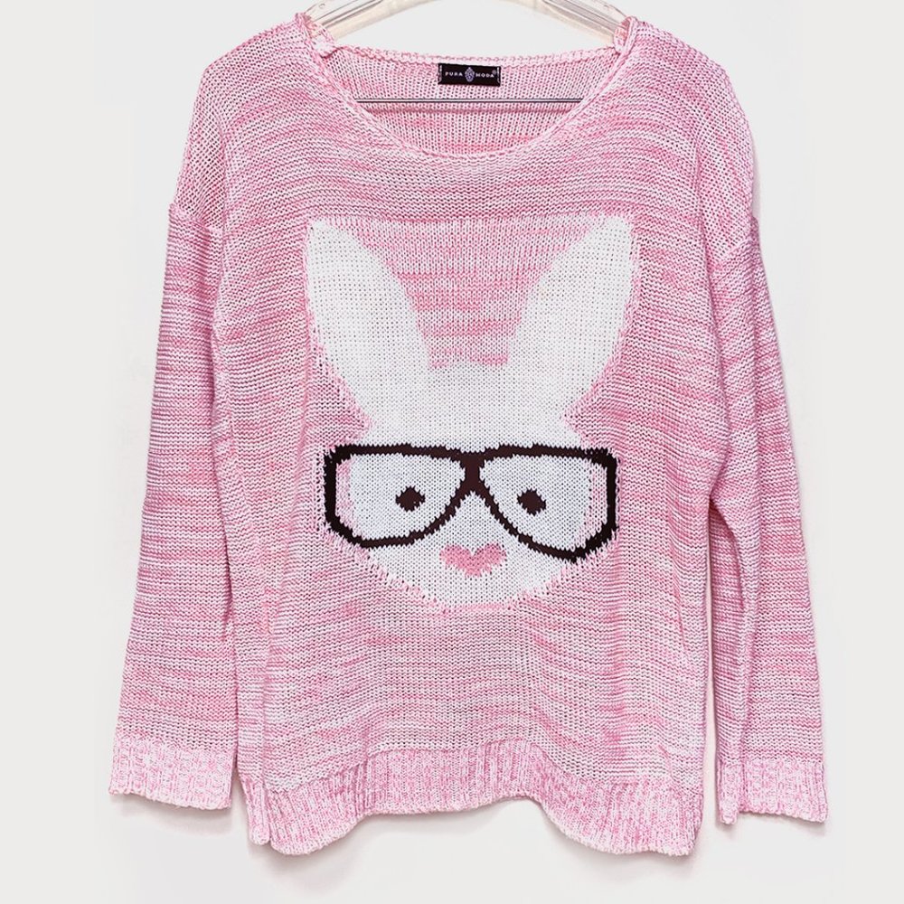 Over-sized Pink Bunny Knit Sweater By Pura Moda